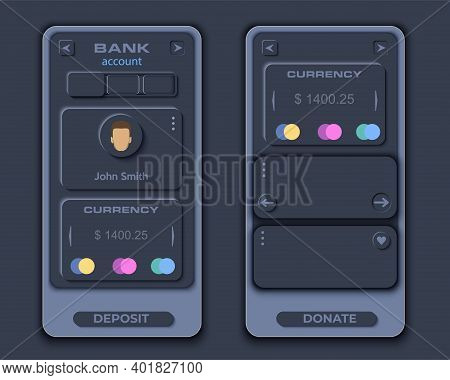 Neumorph Ui Kit On Sample Smartphone Screen. Banking And Finance Application. Dark Color Set. Skeuom