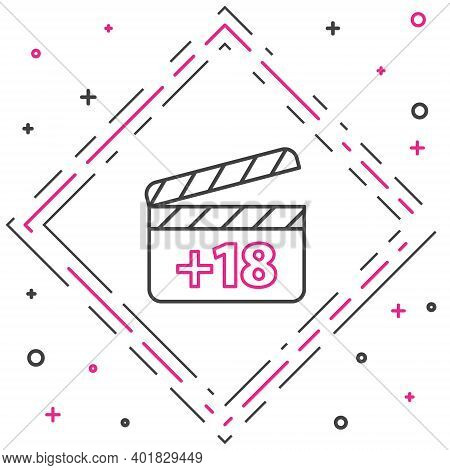Line Movie Clapper With 18 Plus Content Icon Isolated On White Background. Age Restriction Symbol. A