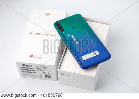 St. Petersburg, Russia, December 23, 2020: Unpacking New Products From Huawei, Huawei P40 Lite E Sma