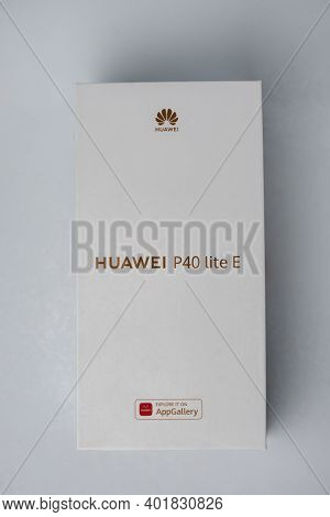 Recently Launched Huawei P40 Lite In Its Original Box On A White Background