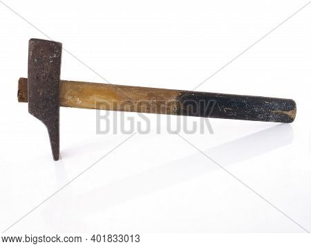 Aerial View Of Old And Used Cabinetmaker Hammer With Wooden Handle In Horizontal Position Isolated O