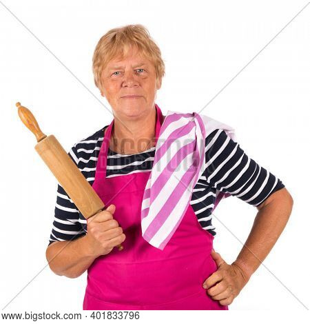 Elder woman with pin roller and apron isolated ovr white background