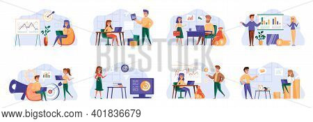 Marketing Strategy Bundle With People Characters. Marketing Department Teamwork, Research And Presen