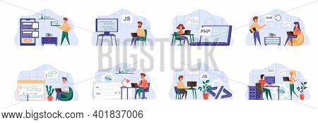 Programming Scenes Bundle With People Characters. Frontend And Backend Developers Team Working In Of