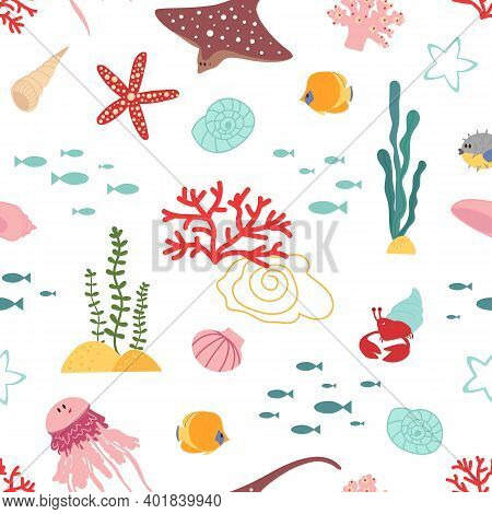Baby Sea Pattern. Marine Life, Seaweed Cute Animals And Plants. Kids Fabric Nautical Print, Childish