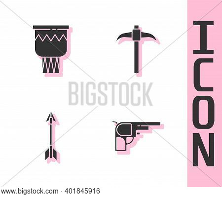 Set Revolver Gun, Drum, Crossed Arrows And Pickaxe Icon. Vector