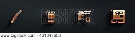 Set Hunting Gun, Hand Smoke Grenade, Buying Pistol And Book With Or Icon With Long Shadow. Vector