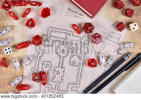 Roleplaying Game Dices On Hand Drawn Dungeon Adventure Map. Concept For Table Top Role Playing Games