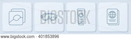 Set Line Photo, Sunscreen Cream In Tube, Ski Goggles And Passport. White Square Button. Vector