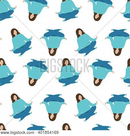 Seamless White Background With A Girl In The Lotus Position.