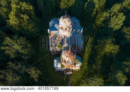 Above The Old Abandoned Church On A Sunny Summer Day (aerial Photography). Novgorod Region, Russia