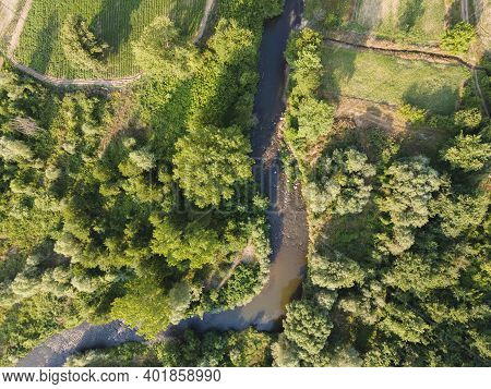Aerial View Of Strumeshnitsa River Passing Through The Petrich Valley, Bulgaria