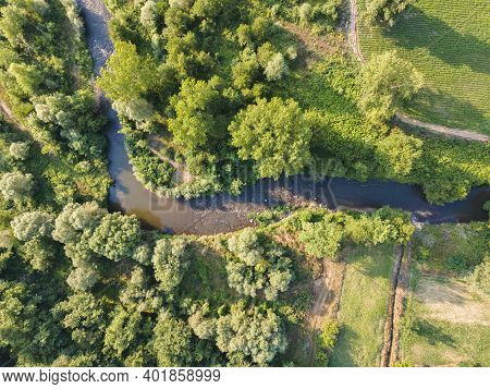 Aerial View Of Strumeshnitsa River Passing Through The Petrich Valley, Bulgaria