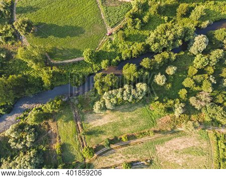 Aerial View Of Strumeshnitsa River Passing Through The Petrich Valley, Bulgaria