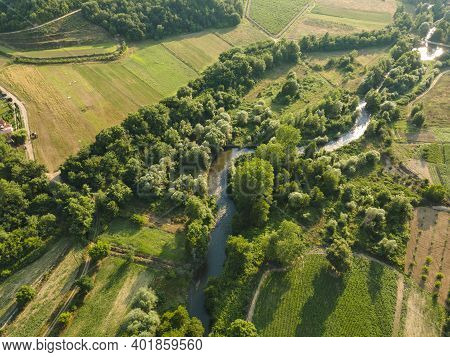 Aerial View Of Strumeshnitsa River Passing Through The Petrich Valley, Bulgaria