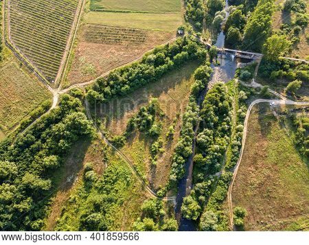 Aerial View Of Strumeshnitsa River Passing Through The Petrich Valley, Bulgaria