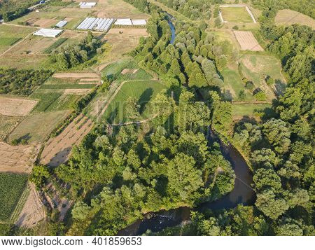 Aerial View Of Strumeshnitsa River Passing Through The Petrich Valley, Bulgaria