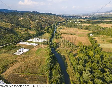 Aerial View Of Strumeshnitsa River Passing Through The Petrich Valley, Bulgaria