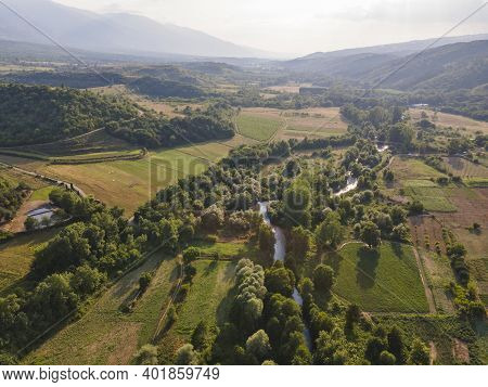 Aerial View Of Strumeshnitsa River Passing Through The Petrich Valley, Bulgaria