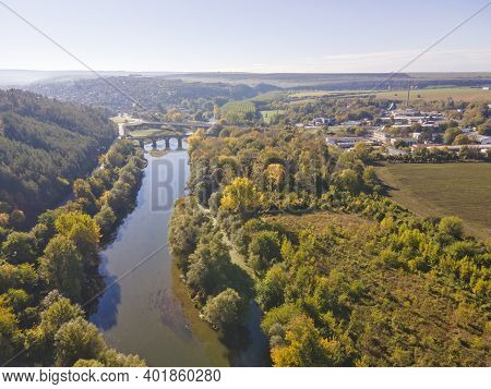Aerial Autumn View Of Yantra River, Passing Near The Town Of Byala, Ruse Region, Bulgaria