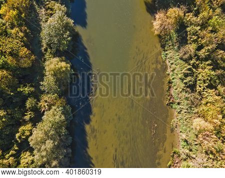 Aerial Autumn View Of Yantra River, Passing Near The Town Of Byala, Ruse Region, Bulgaria