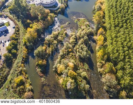 Aerial Autumn View Of Yantra River, Passing Near The Town Of Byala, Ruse Region, Bulgaria