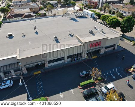 Aerial View Of Vons Upermarket Chain Owned By Albertsons In Los Angeles, California, Usa, December 3