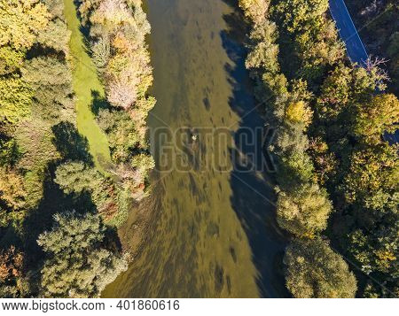 Aerial Autumn View Of Yantra River, Passing Near The Town Of Byala, Ruse Region, Bulgaria