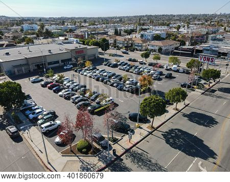 Aerial View Of Vons Upermarket Chain Owned By Albertsons In Los Angeles, California, Usa, December 3