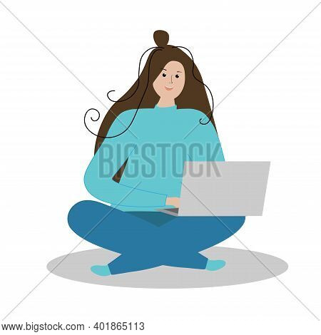 Happy Girl In The Lotus Position Sits At The Computer.