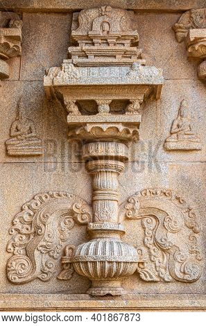 Hampi, Karnataka, India - November 4, 2013: Hazara Rama Temple. Closeup Of Beige Stone Sculptures Of