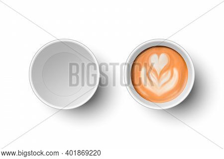 Vector 3d Realistic Paper White Disposable Empty And With Milk Coffee, Foam, Flower, Heart Pattern C