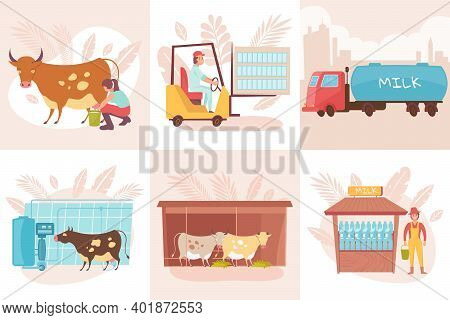 Dairy Products Set Of Flat Compositions With Views Of Milking Cows Forklift Moving Bottles And Milkm