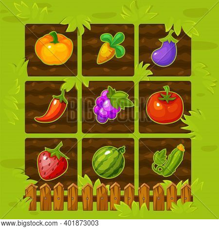 Vector Farm Game Field Match 3 With With A Wooden Fence And Berries.