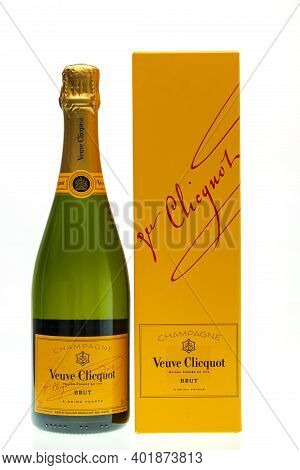 Close Up View Of Bottle Of Authentic French Brut Champagne Veuve Cliqcuot. Alchocol Concept. Uppsala