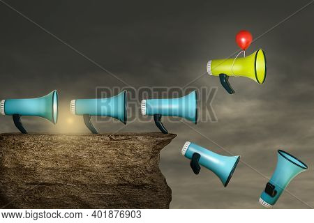 Loudspeakers On Cliff With A Red Balloon Help To Escape One Yellow Loudspeaker From Falling In A Sun