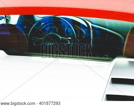 Kiev, Ukraine - March 7, 2011: Audi R8 V10 Spyder. Abstract Photo. View Of The Interior Of A Modern 