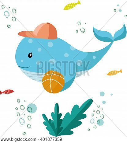 Cartoon Whale With Cap And Ball Vector Image For Your Design