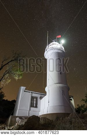 Lighthouse on Gelidonya cape at night in Adrasan, Antalya province, Turkey