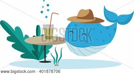 Cartoon Whale With A Drink Vector Image For Your Design