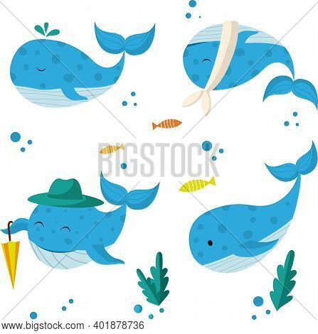 Cute Cartoon Whale Set Vector Image For Your Design