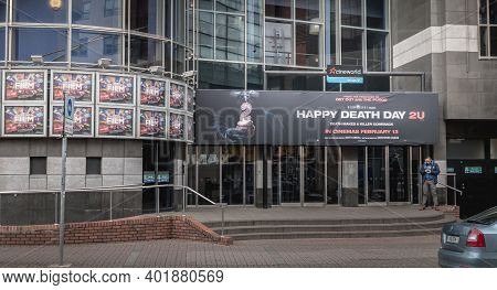 Dublin, Ireland, February 12, 2019: Facade Of Cineworld Complex In Dublin City Center On A Winter Da