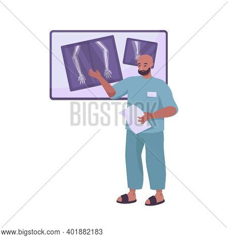 Fracture Flat Composition With Character Of Doctor In Uniform Pointing At Radiograms Vector Illustra