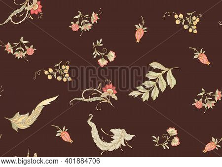 Seamless Pattern With Stylized Ornamental Flowers In Retro, Vintage Style. Jacobin Embroidery. Color