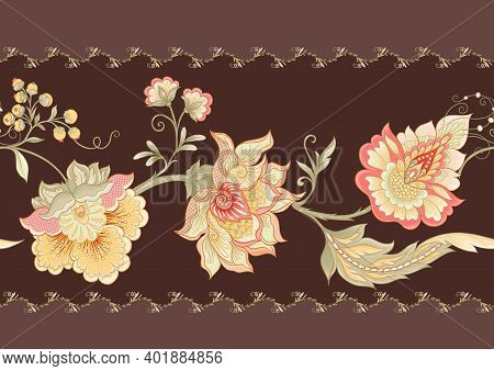 Seamless Pattern With Stylized Ornamental Flowers In Retro, Vintage Style. Jacobin Embroidery. Color