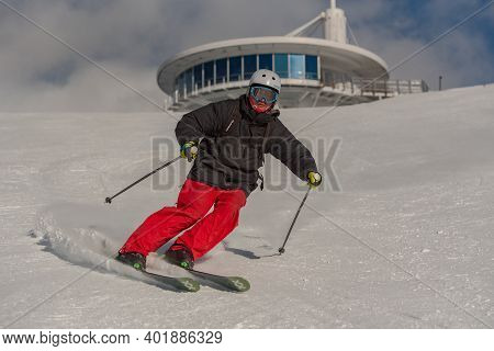 Grandvalira, Andorra: 2021 January 03: Young Man Skiing In The Pyrenees At The Grandvalira Ski Resor