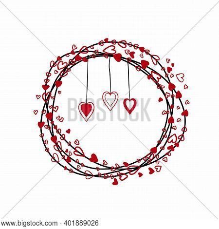 Valentine's Day Background. Happy Valentine. Hand Drawn Illustration. Valentine's Wreath With Red He