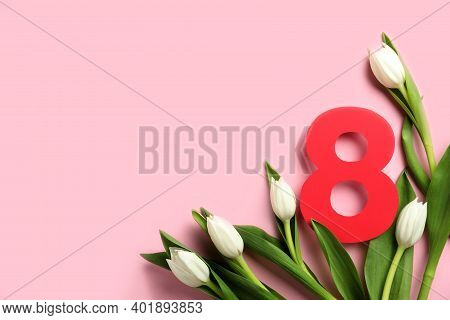 8 March Card Design With Tulips And Space For Text On Pink Background, Flat Lay. International Women