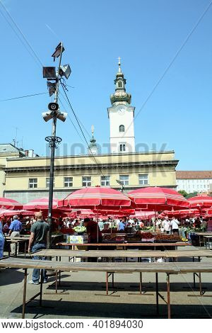 Zagreb, Croatia - June 2, 2008: Trznica Dolac Market Seen From Below With Its Red Umbrellas. Dolac I