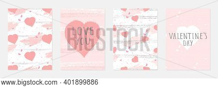 Valentine Day Cards With Watercolor Hearts,  Grunge Elements And Hand Drawn Lettering. Vector Backgr